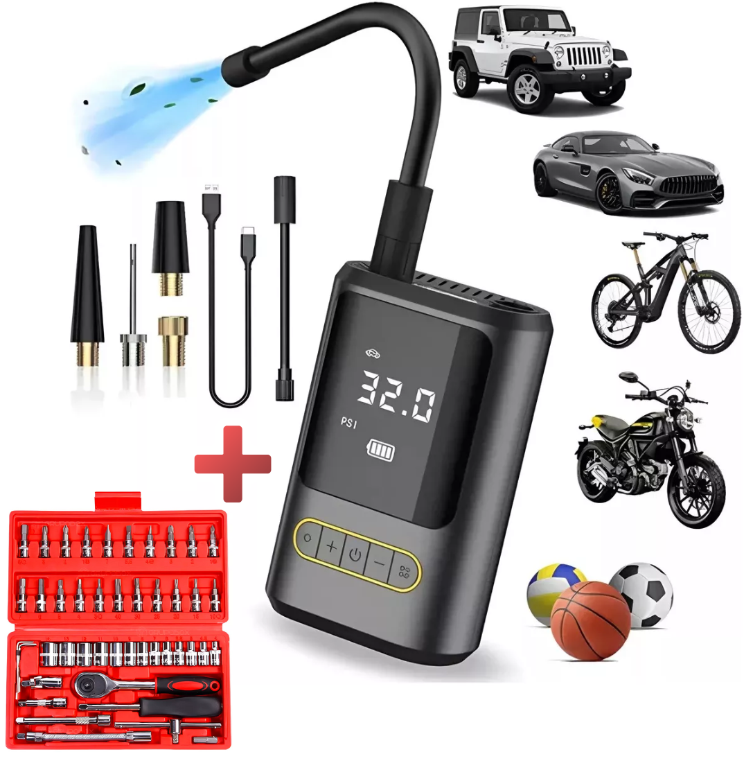 Compresor De Aire Portátil Universal + Set De Herramientas Gratis (46 Piezas)