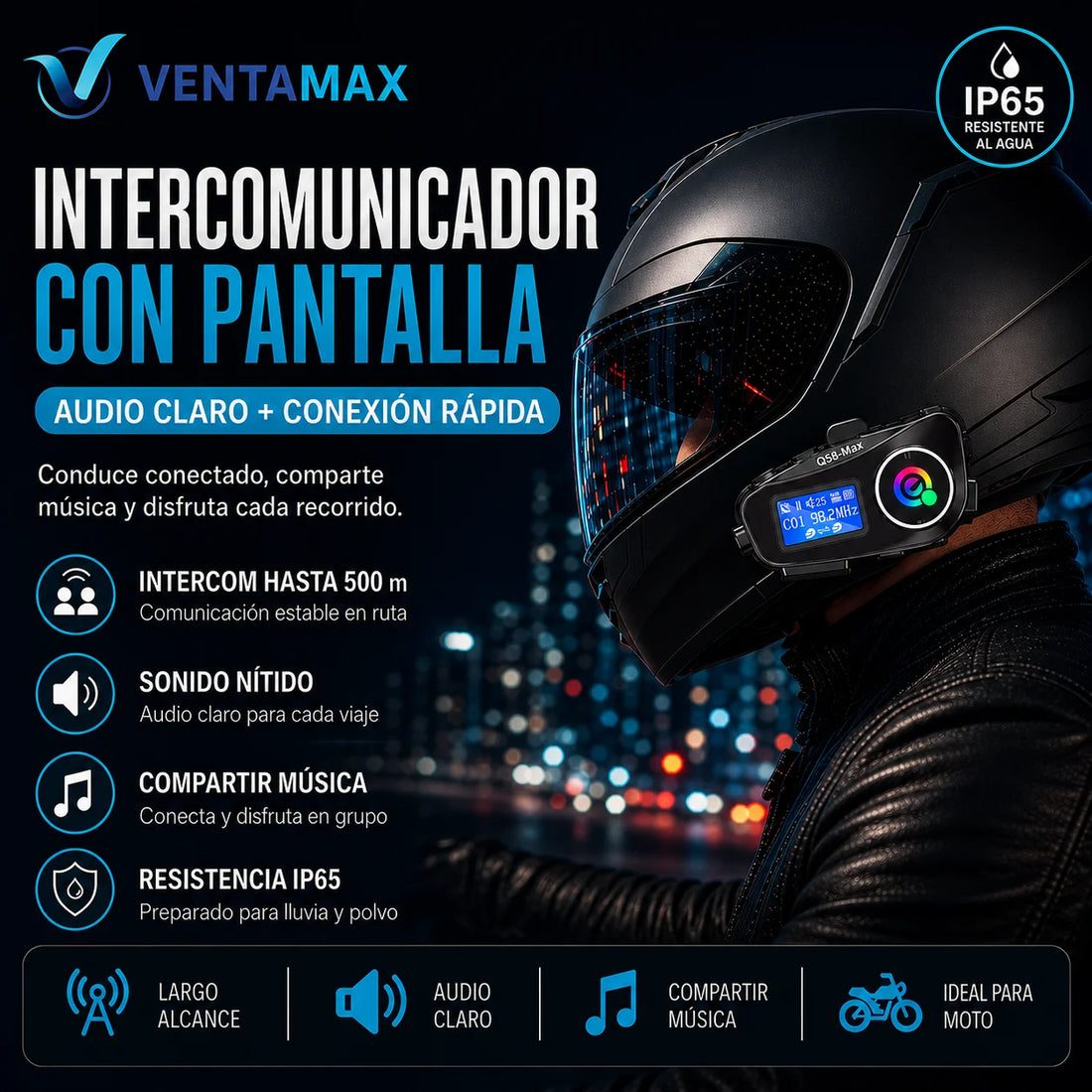 Intercomunicador Para Casco Moto Impermeable Bluetooth Con Pantalla