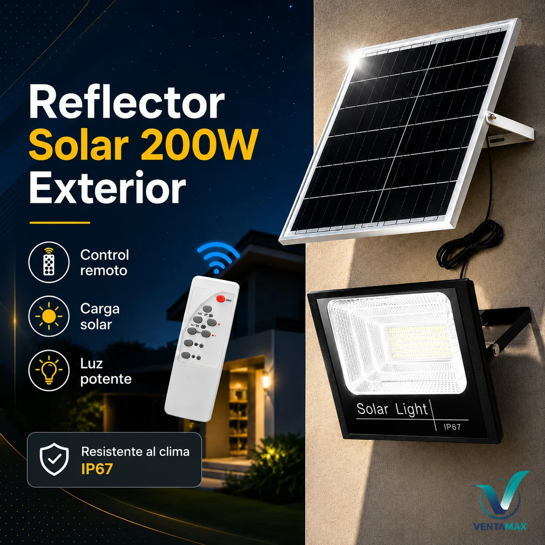 Reflector Solar 200w Exterior Lámpara Led Con Control + Panel