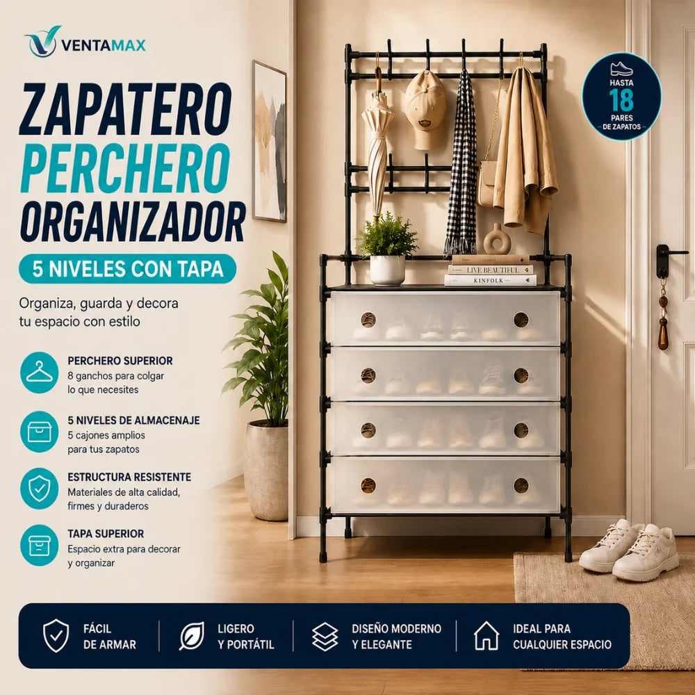 Zapatero Perchero 2 En 1 Organizador 5 Niveles Tapa Hasta 18 Pares