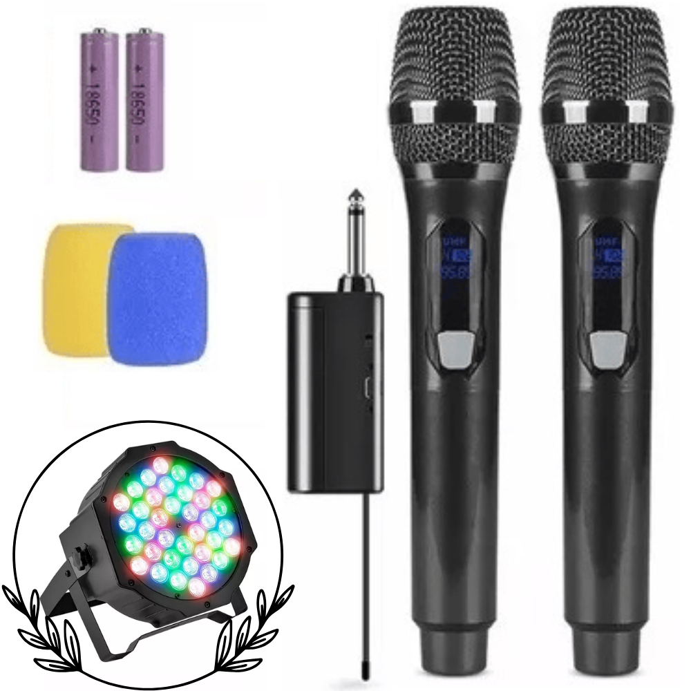 Kit X2 Micrófonos Profesionales Inalámbrico Karaoke + Luces Protón 36 Leds Dj