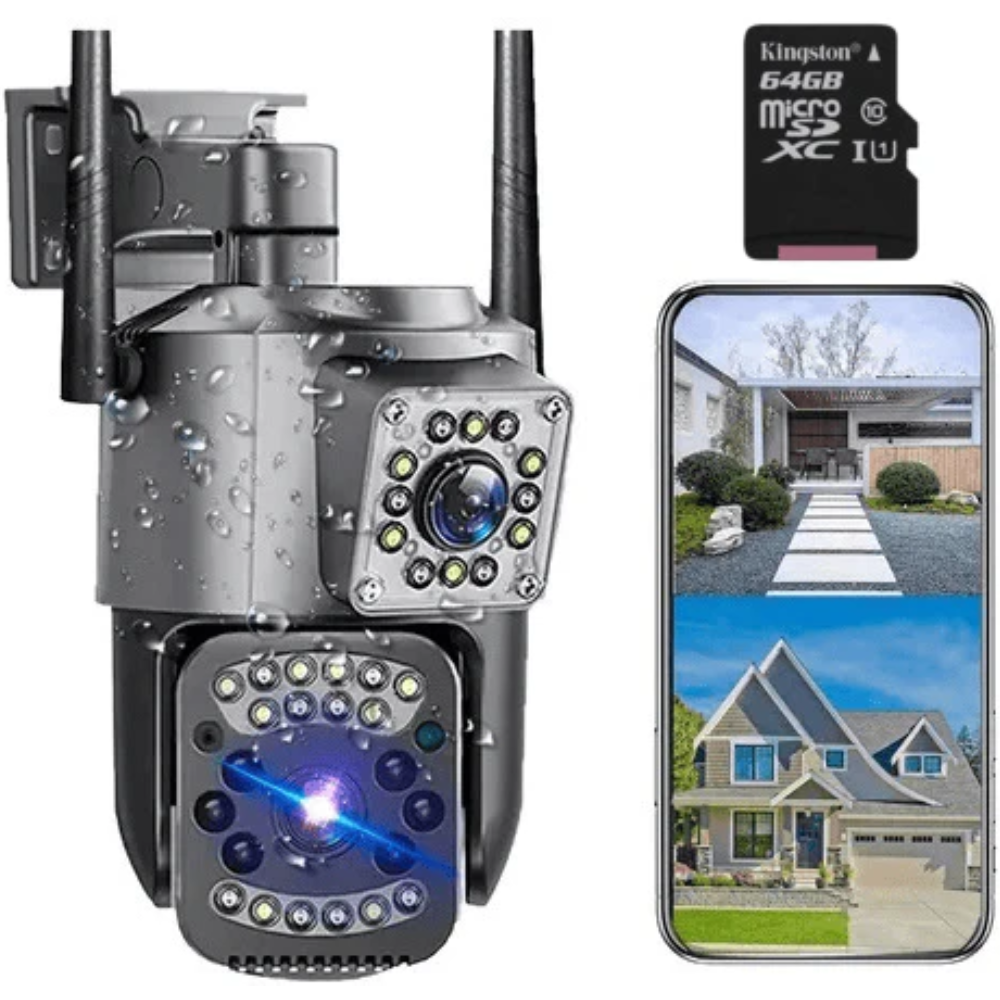 Cámara De Seguridad Doble Lente Visión Nocturna Exteriores + Micro SD 64GB