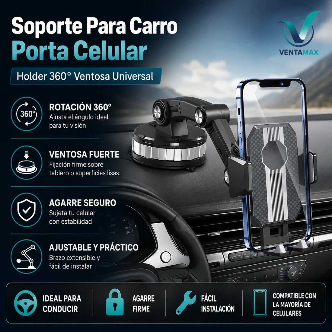 Soporte Para Carro Porta Celular Holder 360° Ventosa Universal