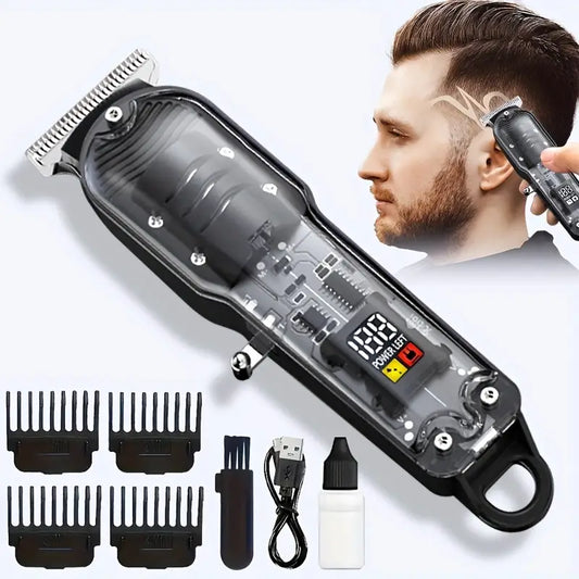 Maquina De Afeitar Inalámbrica Peluquera Barbera Recargable Usb Pantalla Digital Diseño Transparente