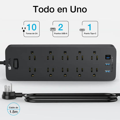 Multitoma 1Hora Extension Electrica 10 Puertos Con 2 Usb y 1 Tipo C Rapida