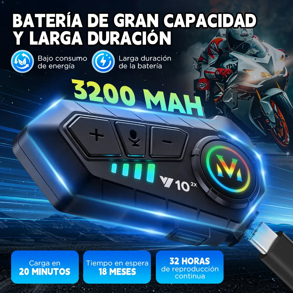 Intercomunicador V10 batería 3200 mAh larga duración
