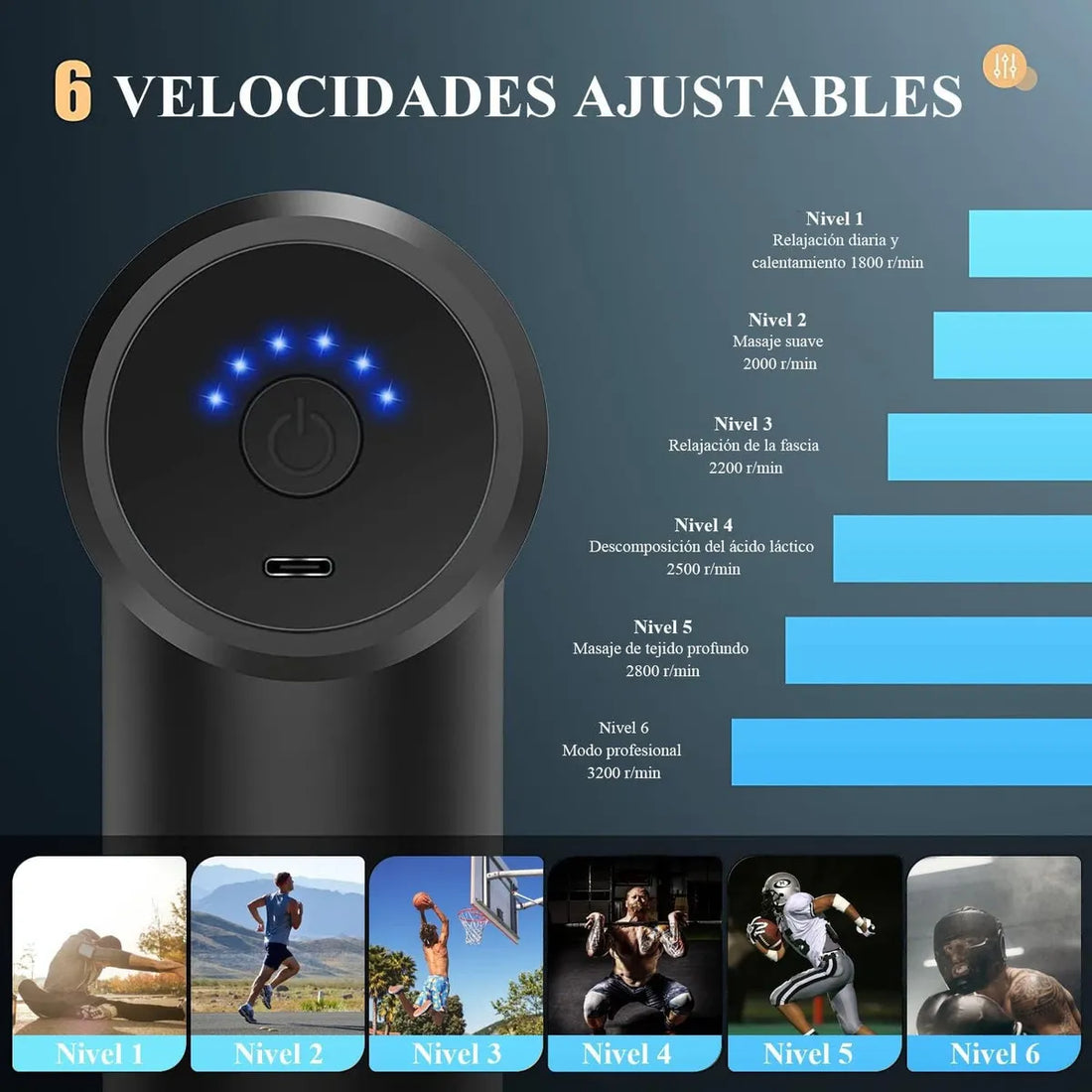 Masajeador Eléctrico 6 Velocidades Relajación Muscular Usb 4 Cabezales