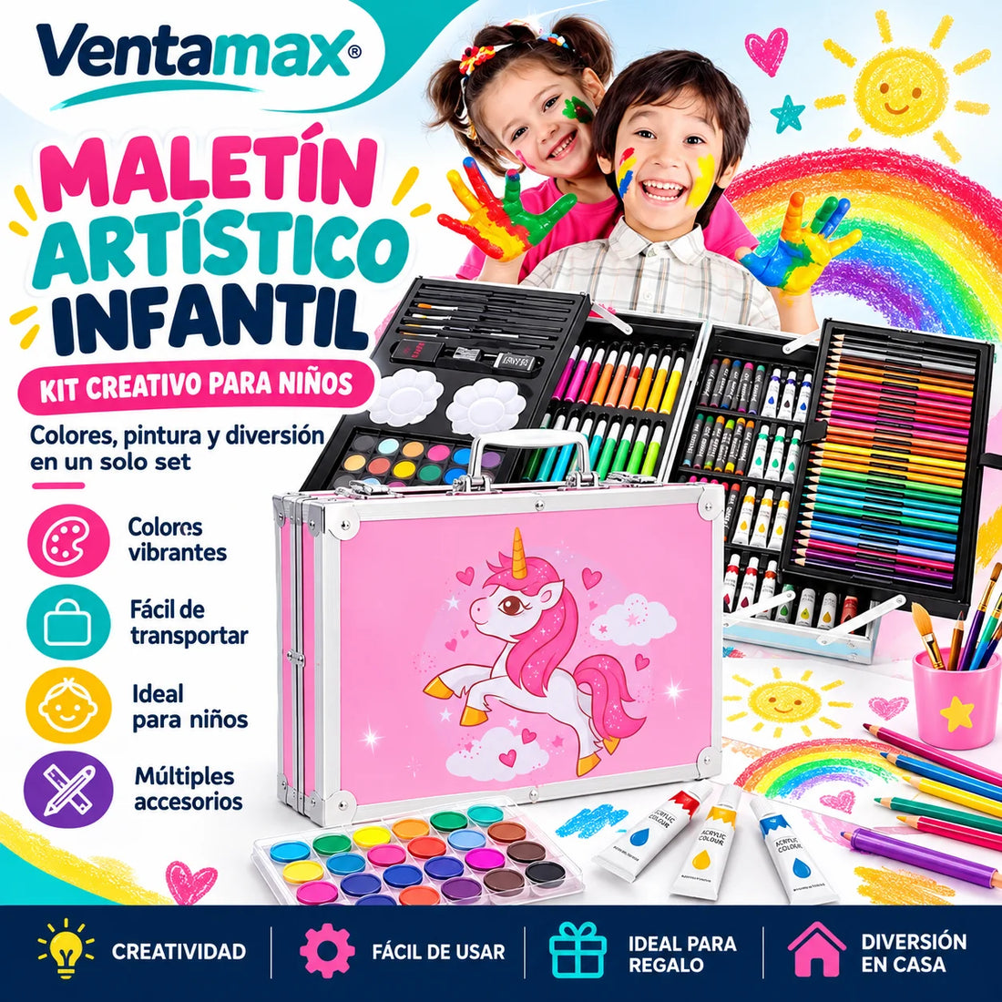 Set De Arte 145 Piezas Para Niños Maletín De Aluminio Dibujo Y Pintura