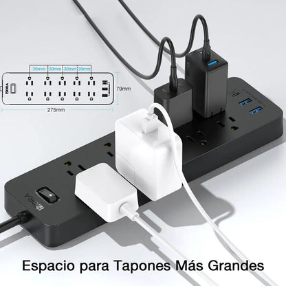 Multitoma 1Hora Extension Electrica 10 Puertos Con 2 Usb y 1 Tipo C Rapida