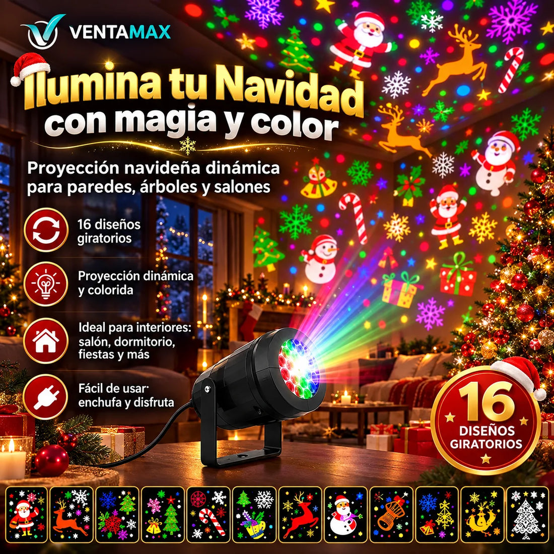 Proyector Luces Navidad Led 16 Diseños Giratorios Decoración Interior Rgb