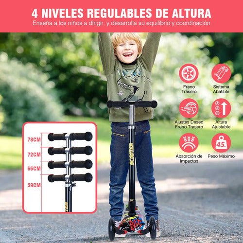 Scooter Para Niños 3 Ruedas Con Luces Led Plegable Altura Ajustable Graffiti