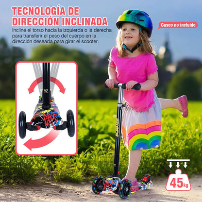 Scooter Para Niños 3 Ruedas Con Luces Led Plegable Altura Ajustable Graffiti