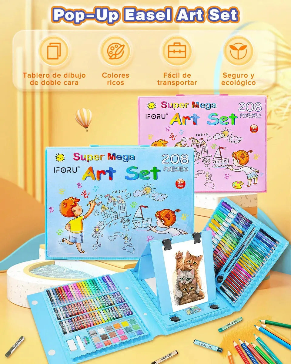 Kit De Arte 208 Piezas Para Niños Colores Crayones Acuarelas + Maletín