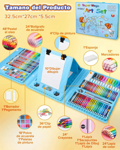 Kit De Arte 208 Piezas Para Niños Colores Crayones Acuarelas + Maletín