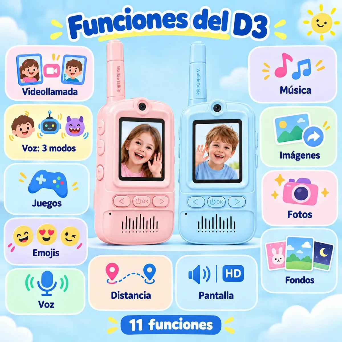 Walkie Talkie Con Video Para Niños X2 Cámara Pantalla Recargable Juegos