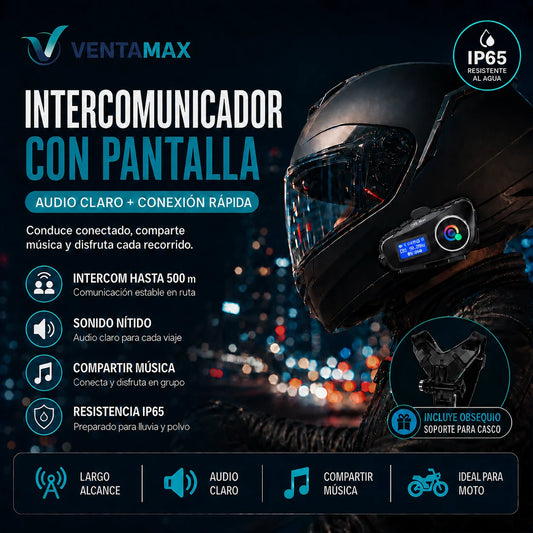 Intercomunicador Para Casco Moto Impermeable Bluetooth Con Pantalla + Soporte