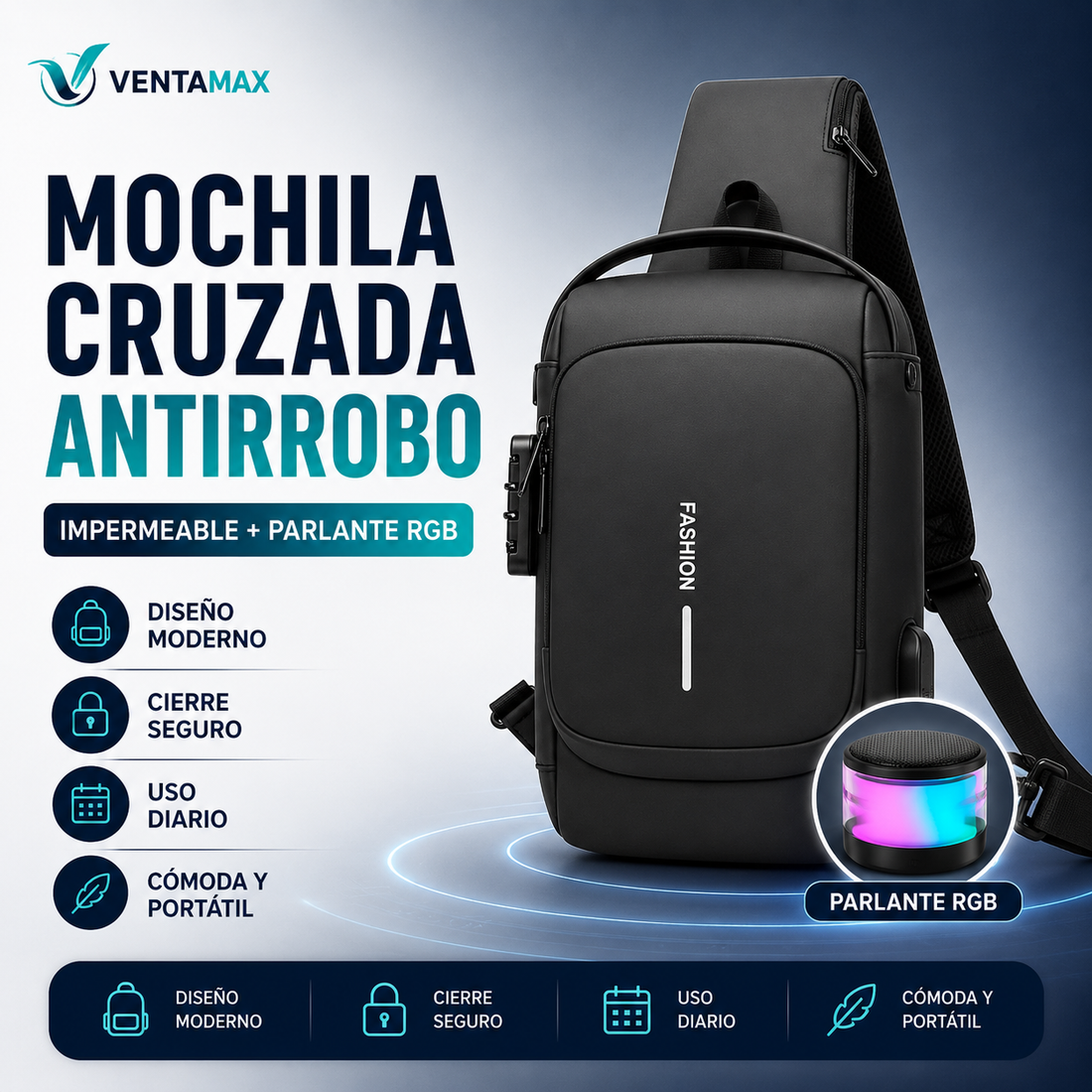 Mochila Cruzada Antirrobo Bolso Portátil Impermeable + Parlante RGB