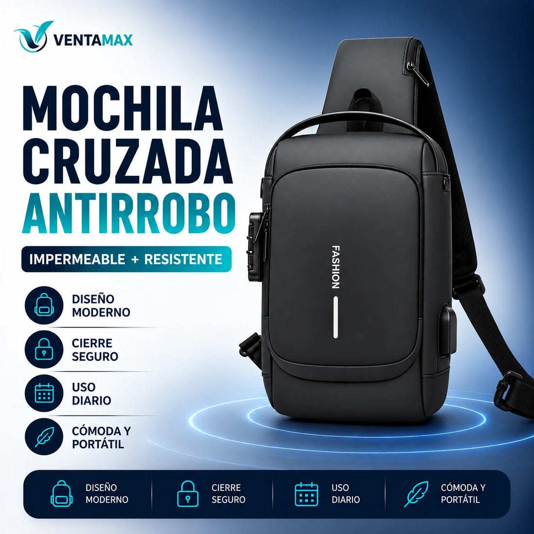 Mochila Cruzada Antirrobo Bolso Portátil Impermeable Para Hombre