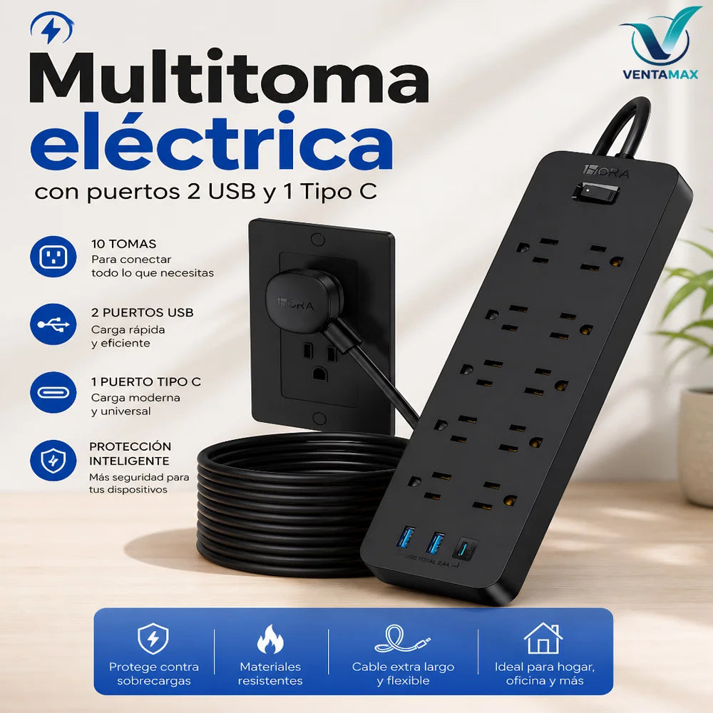 Multitoma 1Hora Extension Electrica 10 Puertos Con 2 Usb y 1 Tipo C Rapida
