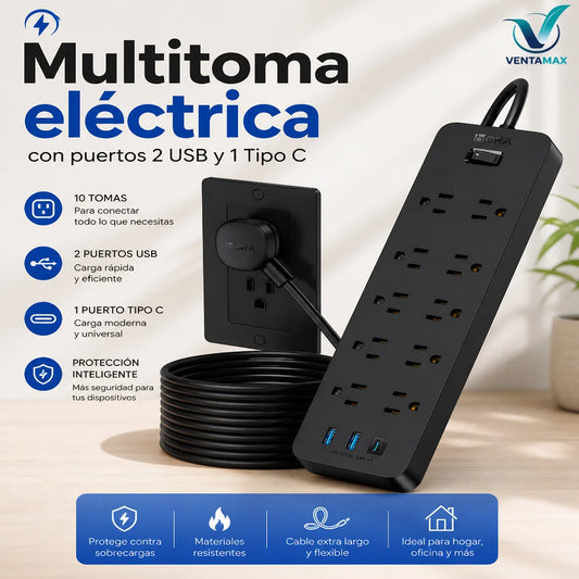 Multitoma 1Hora Extension Electrica 10 Puertos Con 2 Usb y 1 Tipo C Rapida