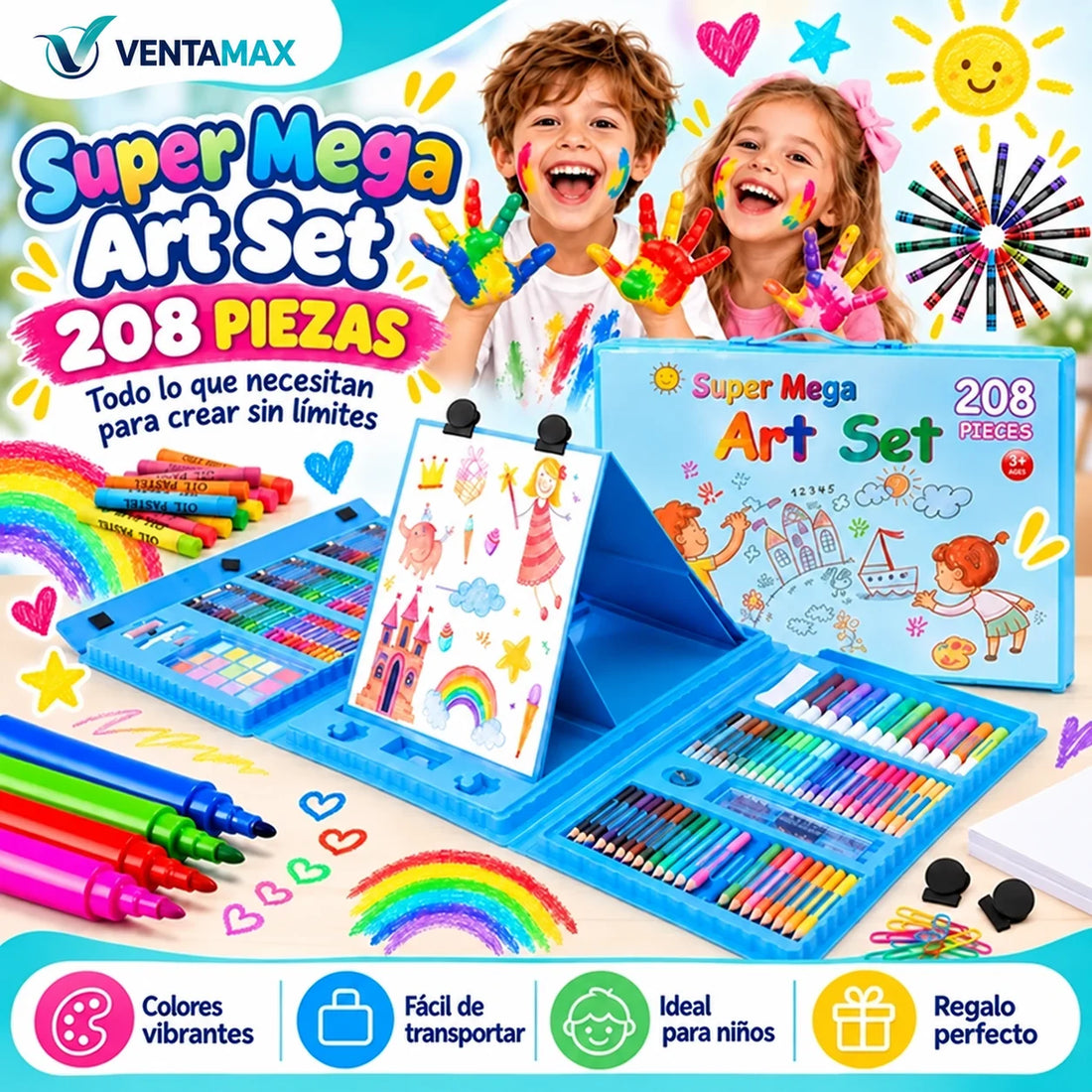 Kit De Arte 208 Piezas Para Niños Colores Crayones Acuarelas + Maletín