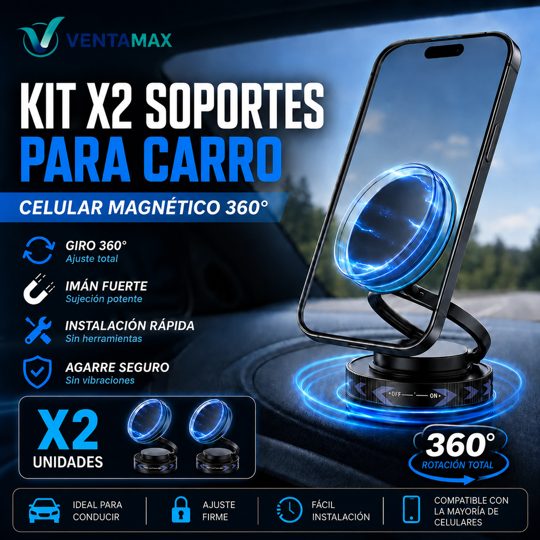 Kit X2 Soportes Para Celular Magnético Holder Gira 360° Universal
