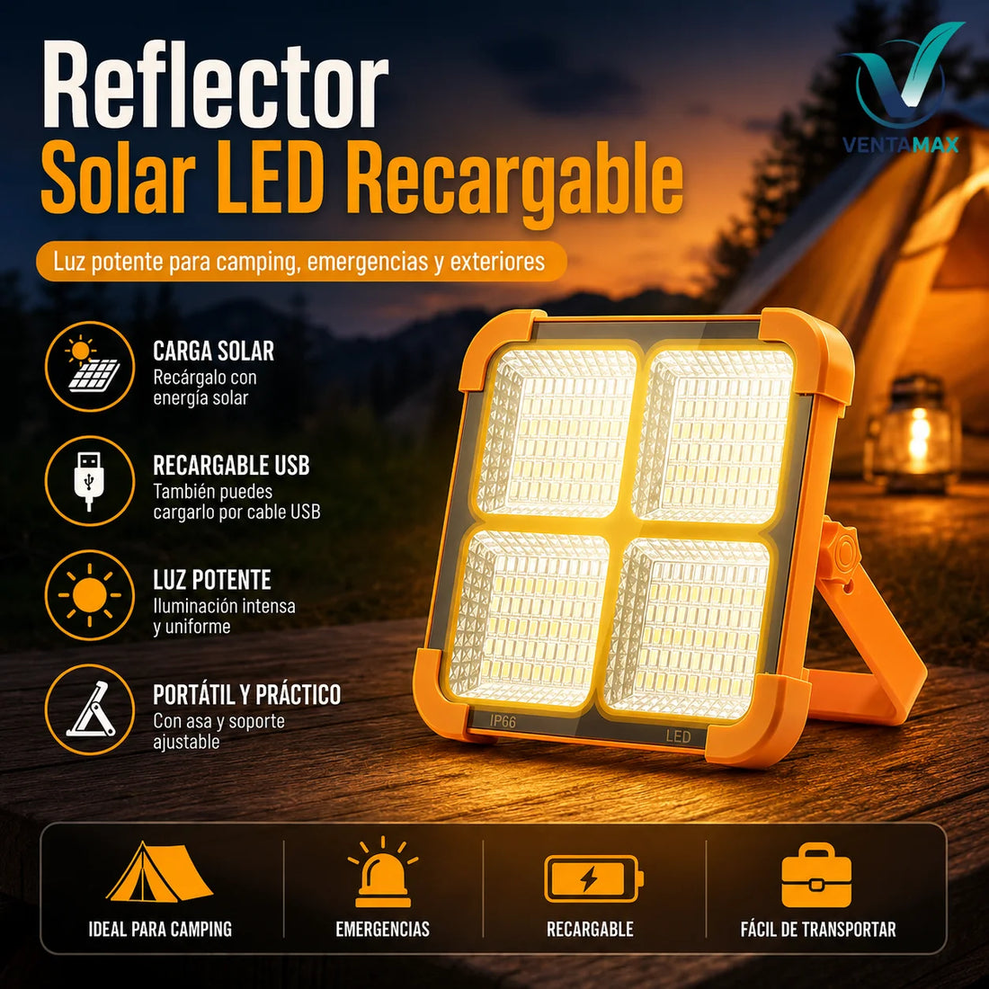 Reflector Solar 100W 5 En 1 Portátil Recargable Con Panel + Linterna