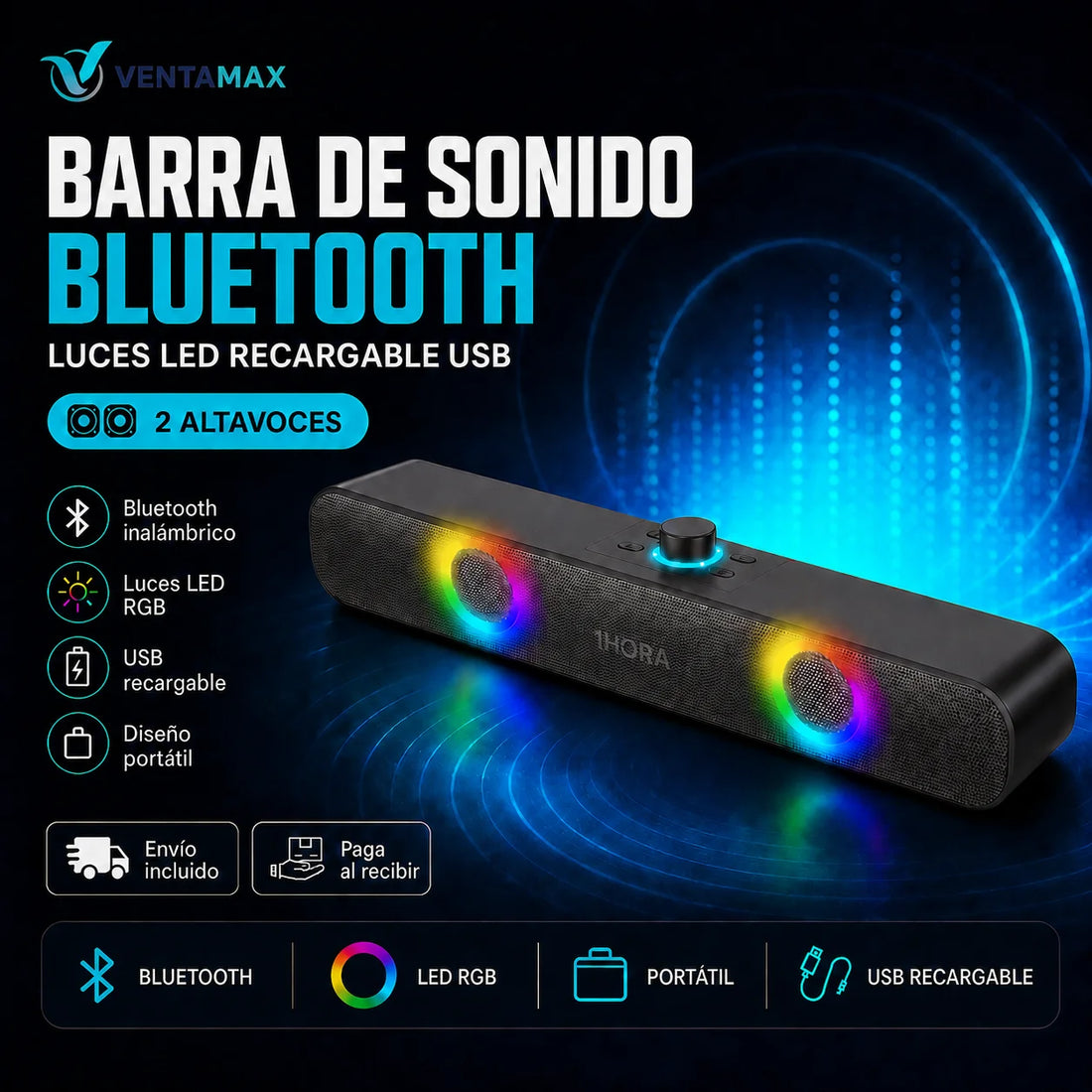 Barra De Sonido Bluetooth Luces Led Recargable Usb 2 Altavoces