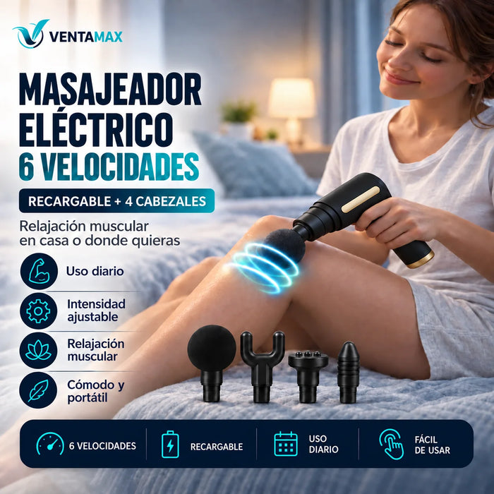 Masajeador Eléctrico 6 Velocidades Relajación Muscular Usb 4 Cabezales