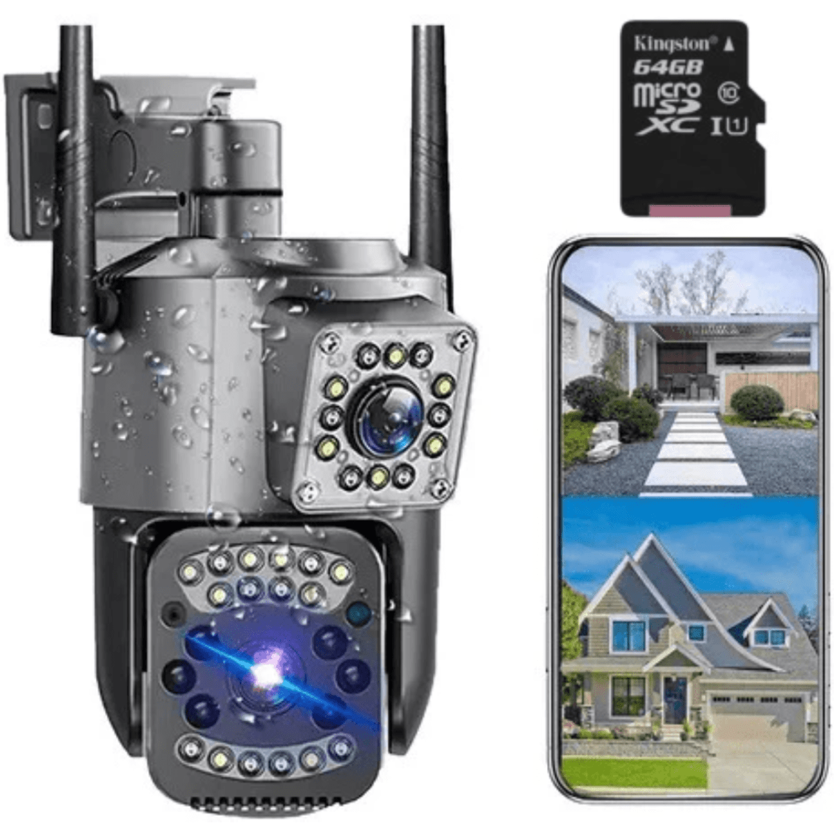 Cámara De Seguridad Doble Lente Visión Nocturna Exteriores + Micro SD 64GB - VentaMax